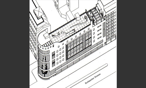 Gebäudeansicht von der Budapester Straße<br/>Wettbewerbsentwurf für eine Erweiterung des Franziskuskrankenhauses in Berlin Tiergarten