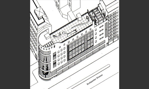 Gebäudeansicht von der Budapester Straße<br/>
Wettbewerbsentwurf für eine Erweiterung des Franziskuskrankenhauses in Berlin Tiergarten